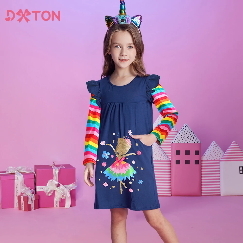 

DXTON New Toddler Girls Cotton Dress Elf Dancing Children's Casual Dress Rainbow Stripe Long Sleeve Straight Autumn Kids Costume