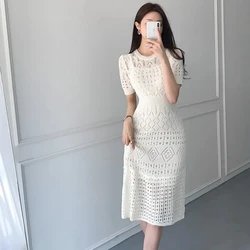 Women's Knit Dress 2024 Summer New Ice Silk White Short Sleeved Hollow Fashion Celebrity A-Line Knitted Dress For Women Vestidos