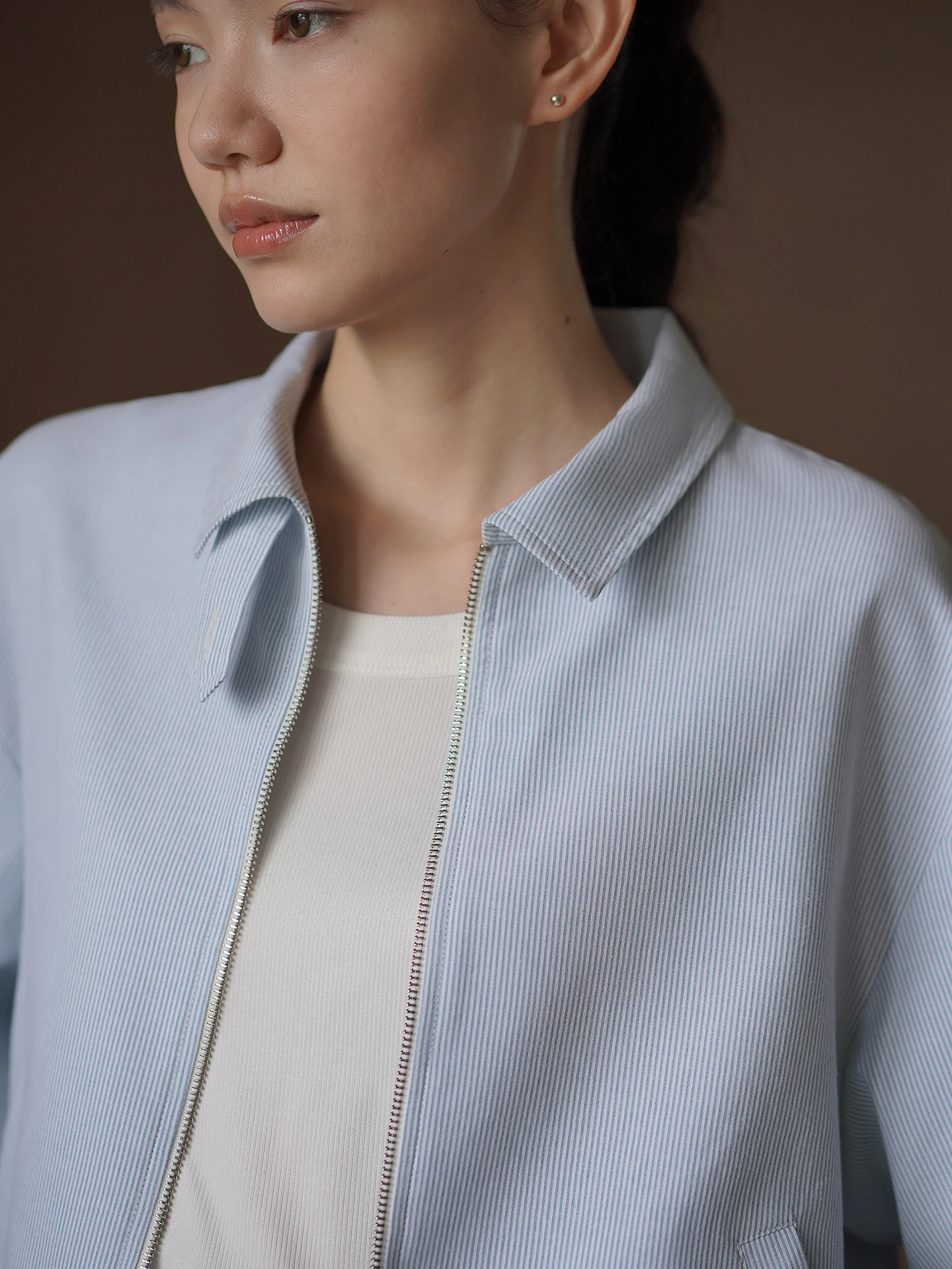 Hacikis Miss   Stripe Cotton Feel Loose Slimming Casual Jacket Zipper Closure Long Sleeve Regular Fit Women's Coat