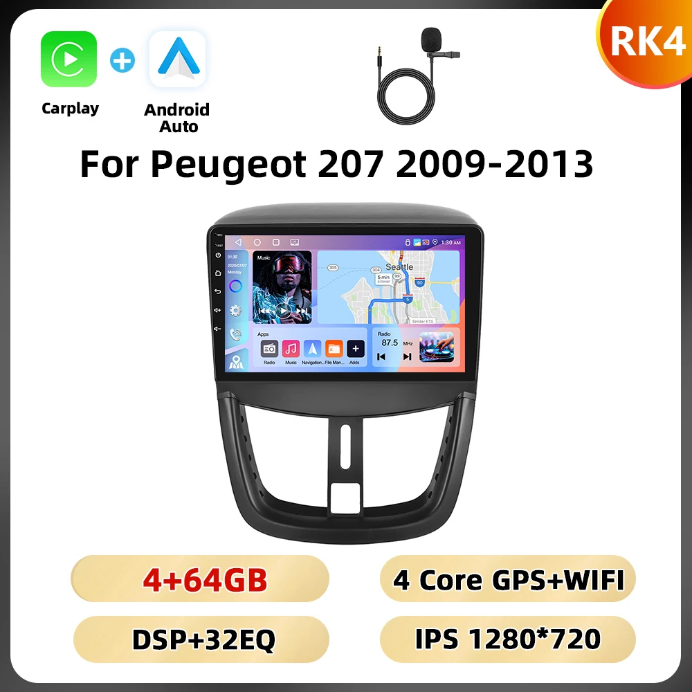 Podofo 8Core Qualcomm Autoradio Voor Peugeot 207 2009-2013 Multimedia Speler Carplay Android Auto 8 + 128G WIFI 4G GPS Auto Stereo