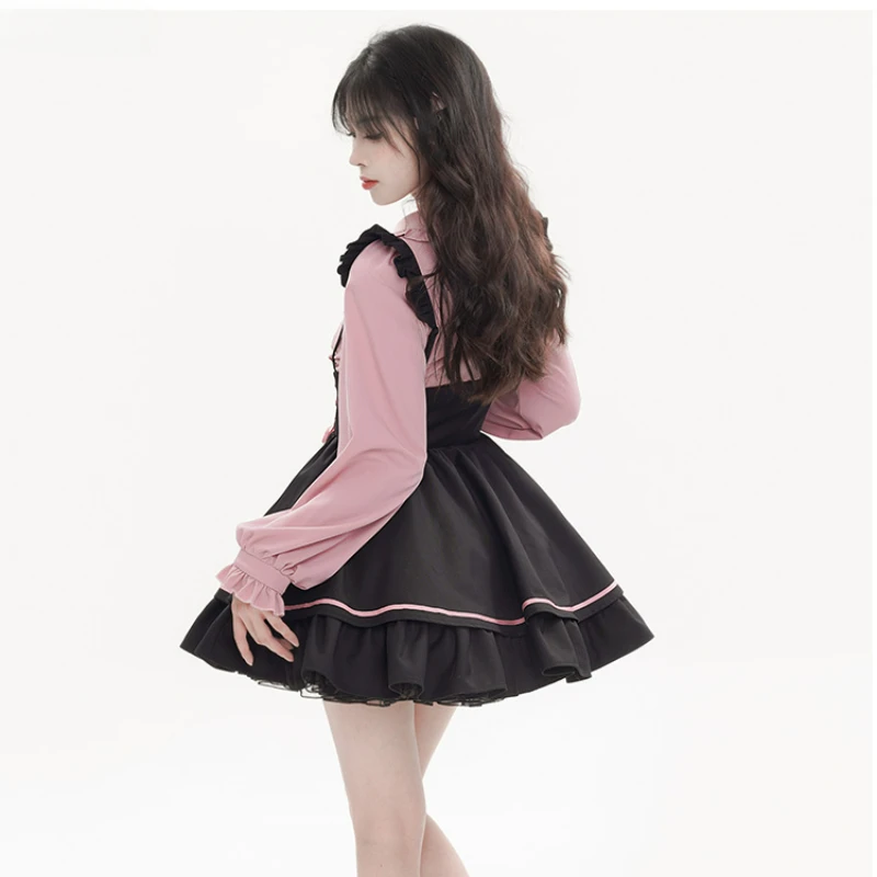 Estilo gótico lolita jk saia conjunto feminino kawii peter pan colarinho arco blusa fina bandagem suspender saia feminino japonês doce terno