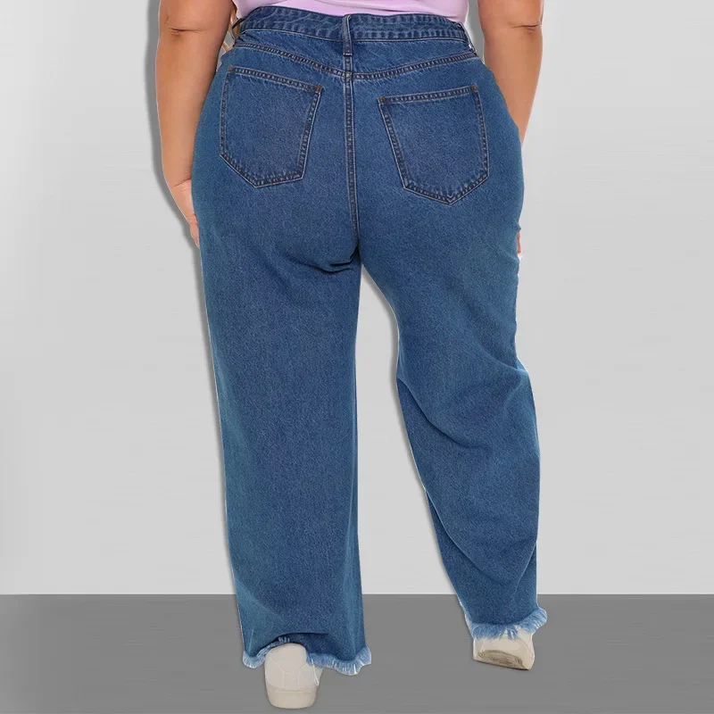 Retro Butterfly Embroidery Fringed Hem Jeans Women's Streetwear Loose High Waisted Straight Wide-leg Denim Trousers