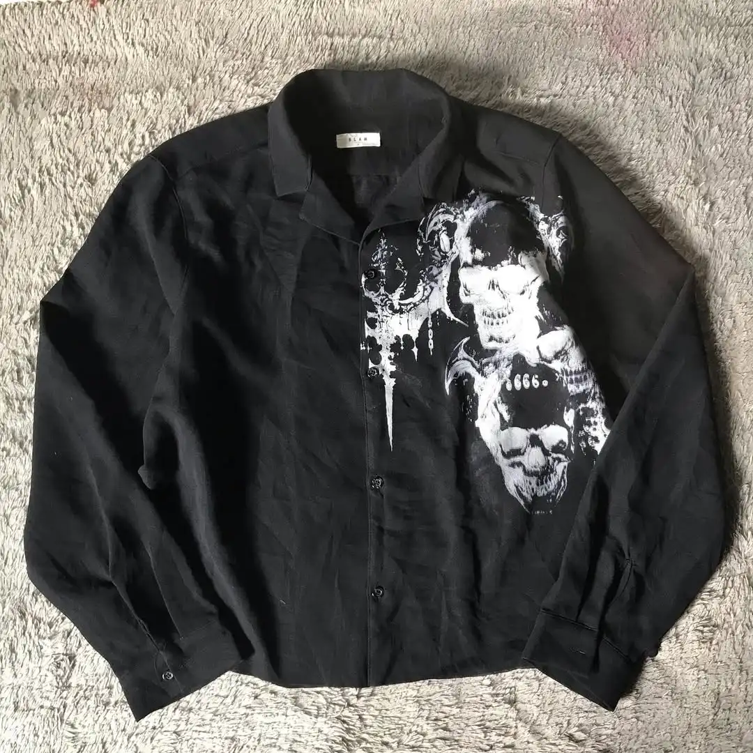 

Y2K Новая черная рубашка в стиле Харадзюку, рубашка в стиле ретро с v-образным вырезом, мужская футболка с принтом черепа Святого Писания, модные топы с длинными рукавами в стиле гот