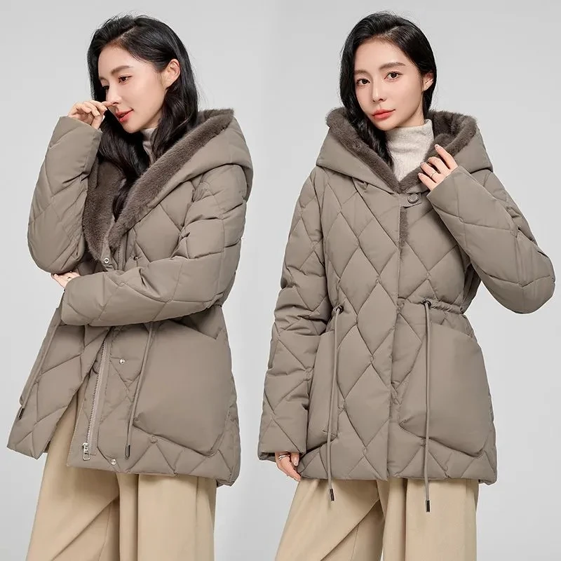 Plus Piumini invernali spessi e caldi in velluto Nuovo cappotto Parka da donna Tasche grandi Vita Trther Giacche imbottite in cotone con cappuccio Tendenza