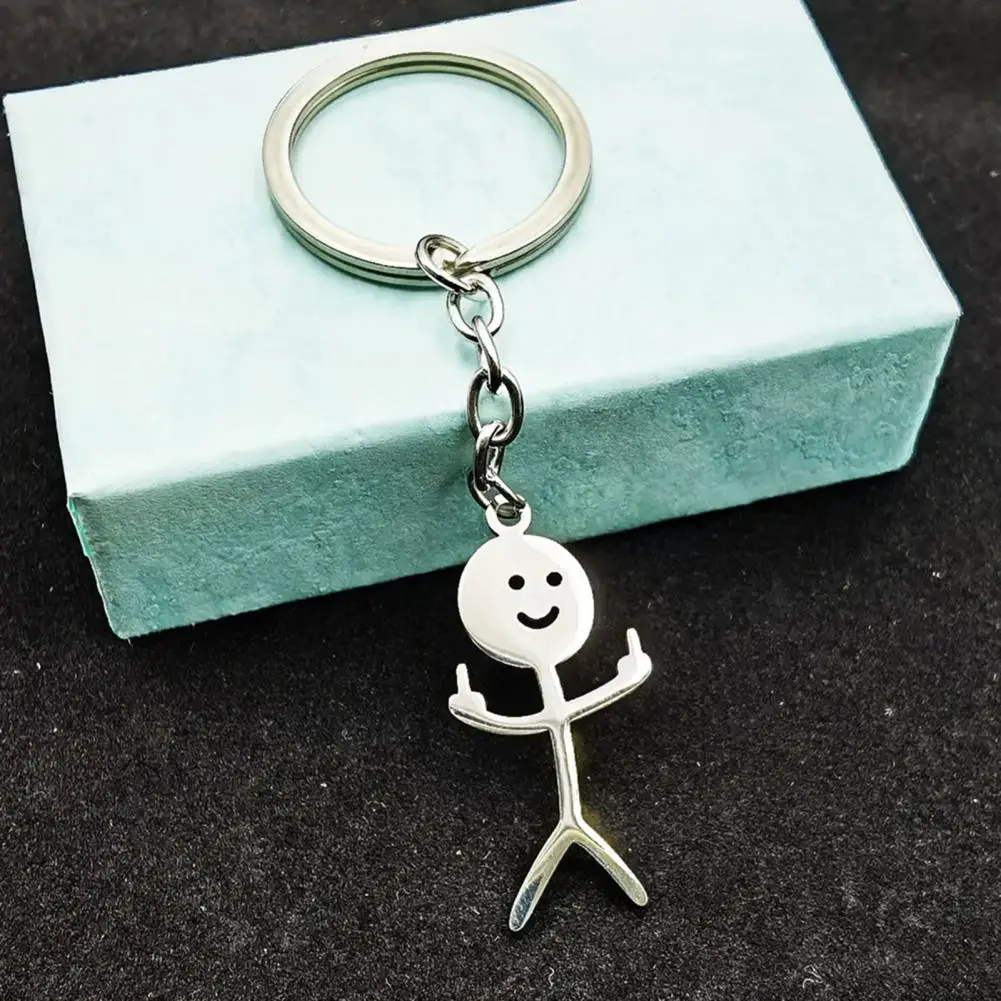 Funny Middle Finger Stickman Keychain Cute Trend Titanium Steel School Bag Car Key Pendant Couple New Trinket Gift Keyrings