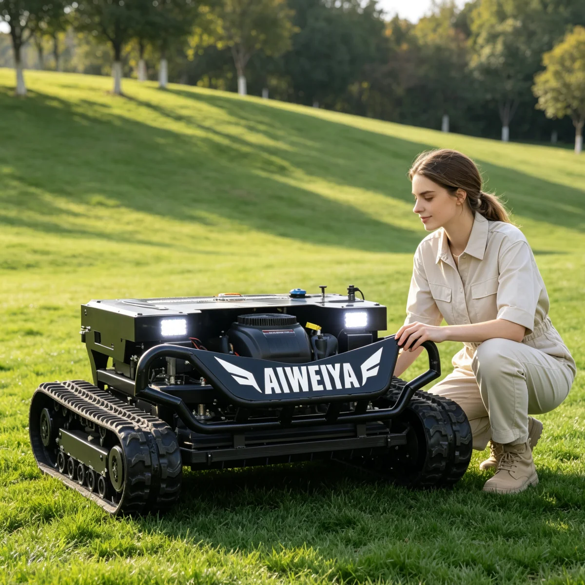 Robot tondeuse à gazon télécommandé personnalisé, alimenté au gaz, avec hauteur de coupe réglable pour vergers