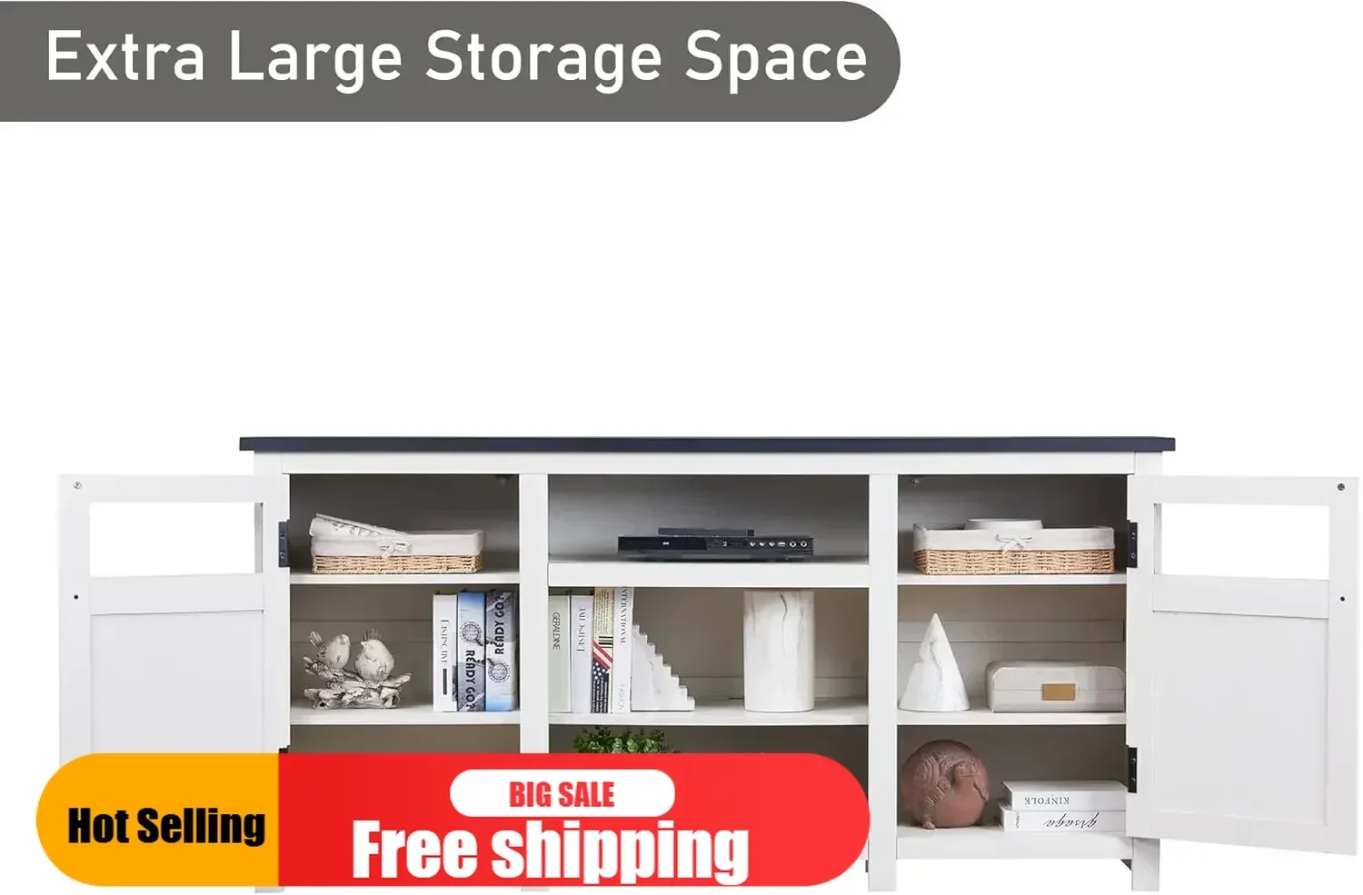 Soporte de TV de primera categoría para TV de 75 pulgadas, centro de entretenimiento, mueble de TV con puertas de granero, sala de estar, estante ajustable, color blanco roto