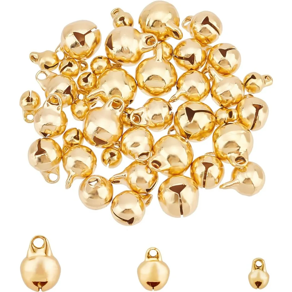 60Pcs 3 Sizes Small Bell Charms Stainless Steel Beads Pendants Golden Jingle Bell Charms 3D Bracelet Anklet Bell Charms for DIY