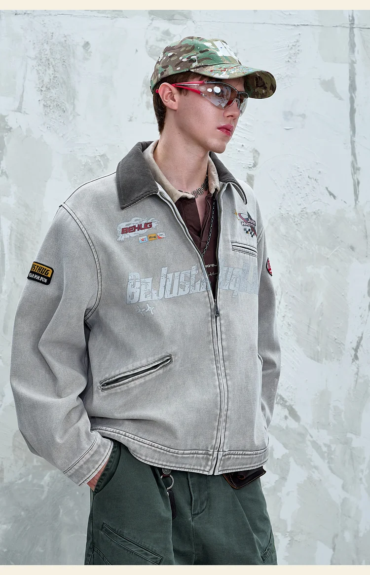 2025 Spring and Autumn New American Retro Men's Dark Gray Light Gray Khaki Workwear Turn-down Collar Loose Casual Jacket