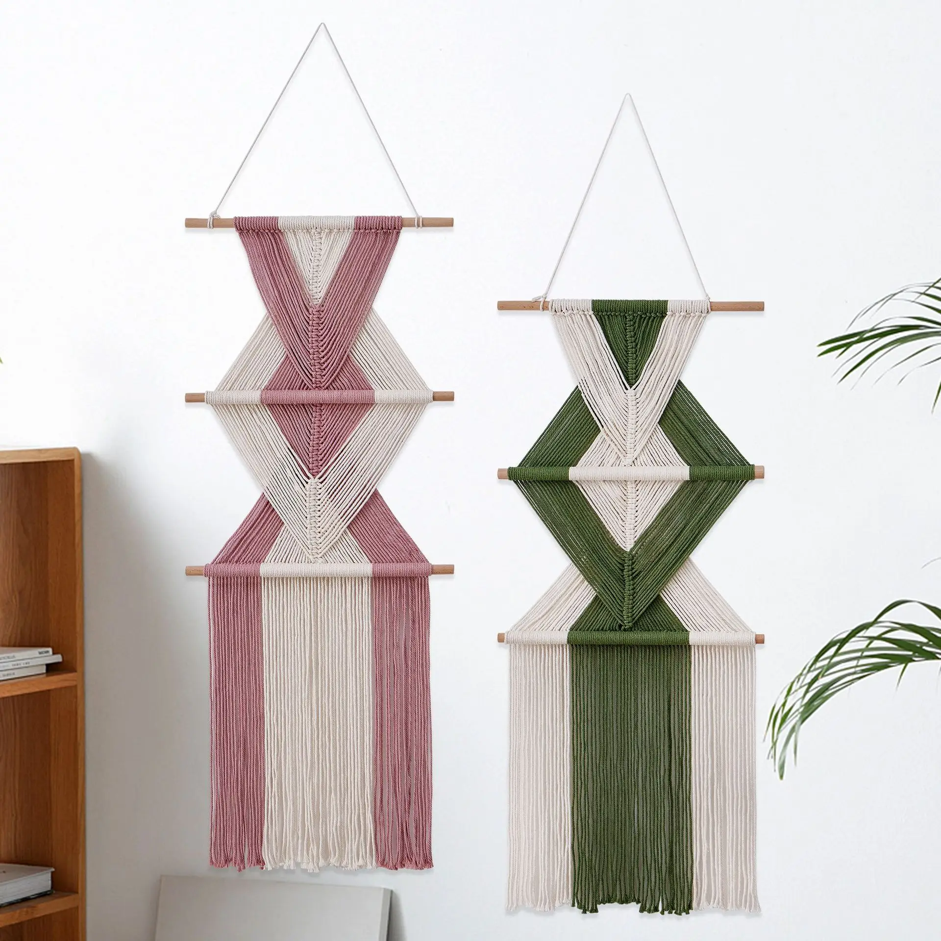 Two Tone Macrame Wall Hanging, Geometric Fringe Woven Tapestry, Boho Colorblock Wall Art for Bedroom Home Decor