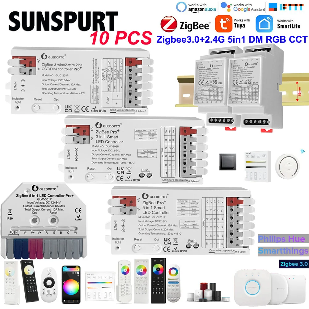 

10PC DC12-54V Gledopto Zigbee 3.0 Din Rail 5in1 RGBCCT/RGBW/RGB 2.4G PUSH LED Controller CCT Alexa Tuya Conbee APP Voice Control
