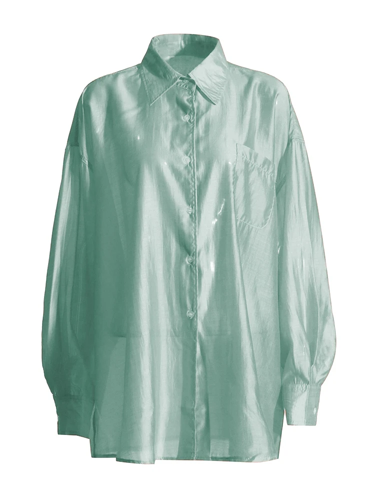 VGH Casual Loose Solid Shirts For Women Lapel Long Sleeve Patchwork Single Breasted Minimalist Blouses Female Fashiion Style New