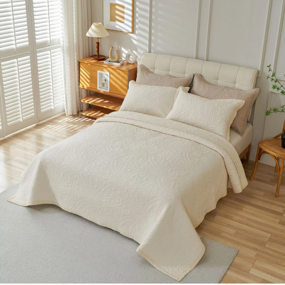 

100% Cotton Damask Quilted Coverlet Set 3PC - Embroidered Solid Washed Bedspread | Lightweight All-Season Quilt | Hotel Luxury G