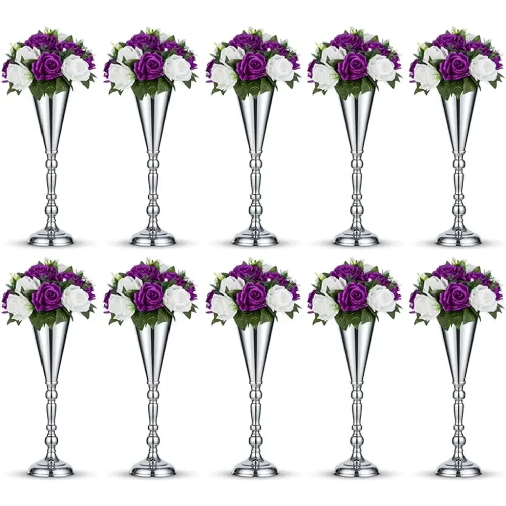 

10 Pcs Tabletop Silver Metal Wedding Flower Trumpet Vase, 16.5 Inch Table Decorative Centerpiece Artificial