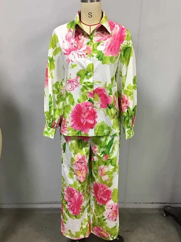 Women Floral Print 2 Piece Outfit Set Long Sleeve Button Down Shirt And Wide Leg Pants With Belt Elegant Casual Matching Suit