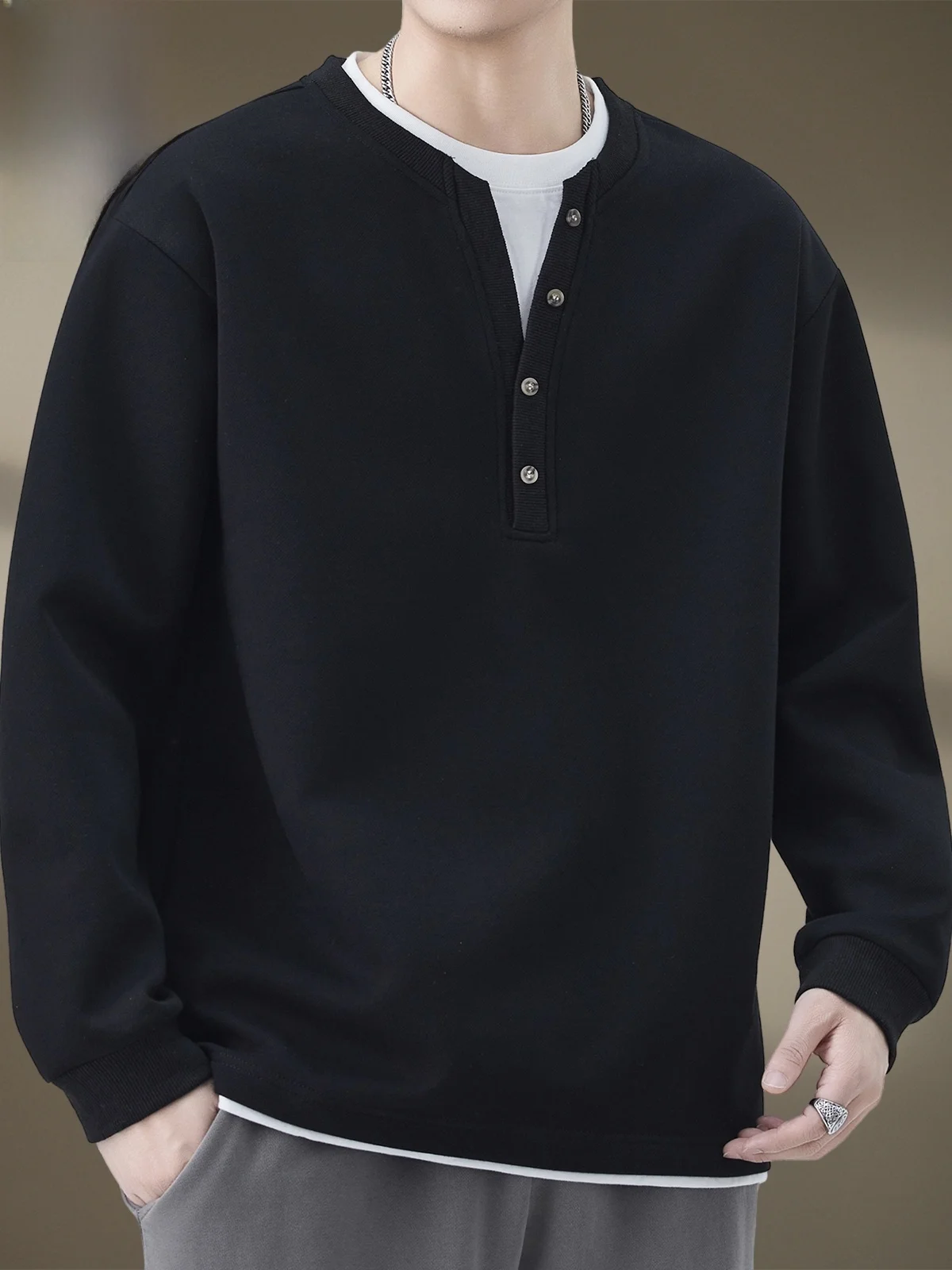 

Мужская футболка с длинным рукавом, базовая, с воротником хенли, модная, весенняя, плотная, повседневная, из хлопка и полиэстера