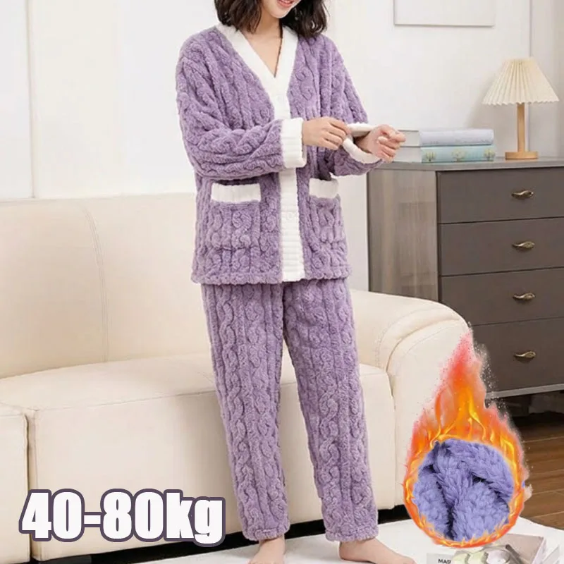 1PC Womens Pajama Set Winter Coral Fleece Thick Two Piece Cardigan Loungewear Warm Sleepwear for Women Home Nightwear Outfit
