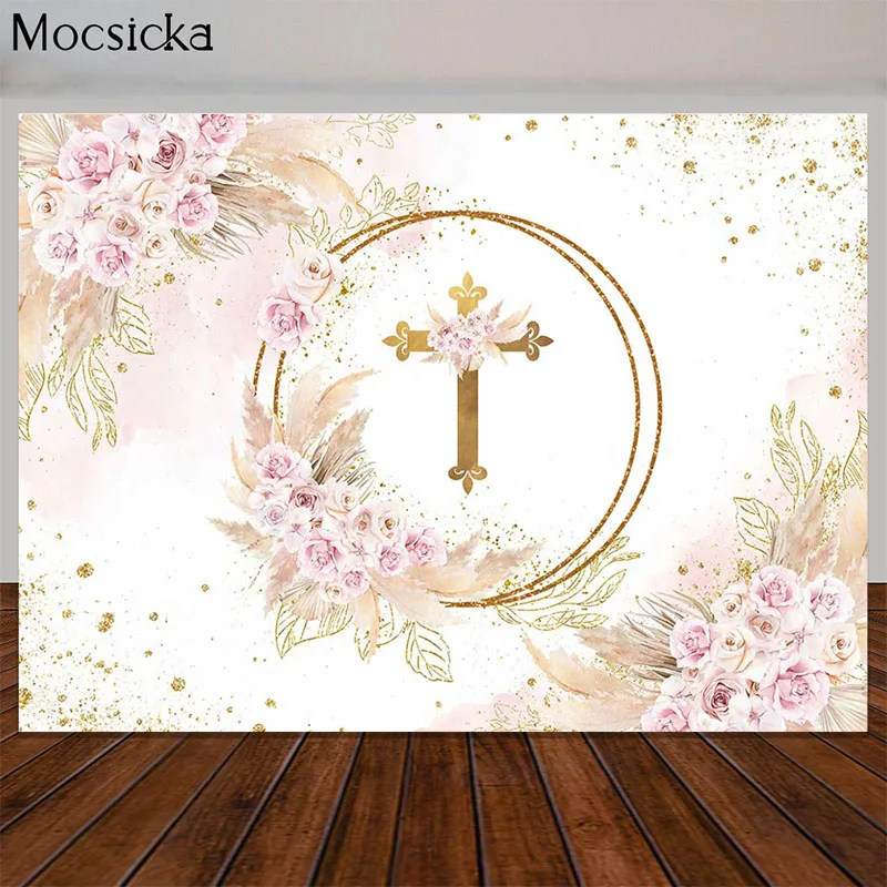 Mocsicka Girl First Holy Communion Backdrop Gold Bless Baptism Party Pink Floral Gold Glitter Background Baby Shower Photo Props