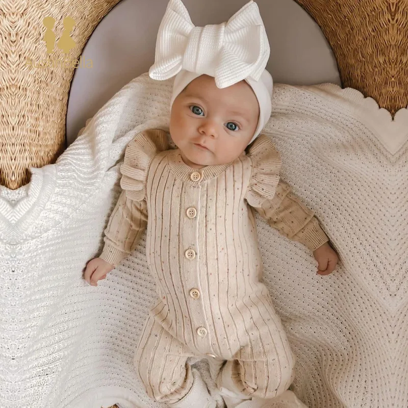 Knitted Ruffled Button Up Long Sleeve Jumpsuit Solid Color Long Sleeves Baby Rompers Toddlers Girls Outfit Newborn Baby Clothes