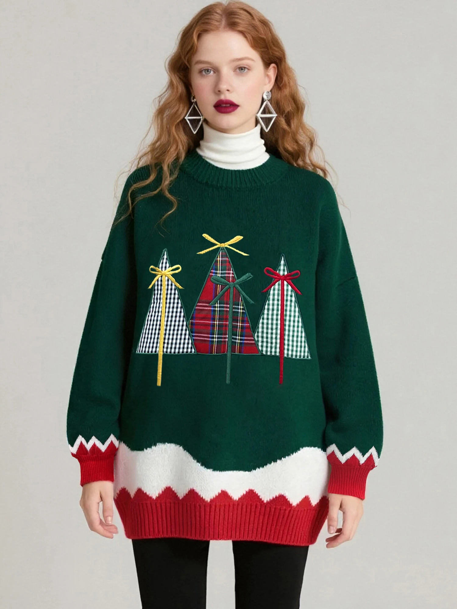 

Женский праздничный вязаный свитер с уютным узором в виде оленя, с длинными рукавами и круглым вырезом, для повседневных зимних образов.