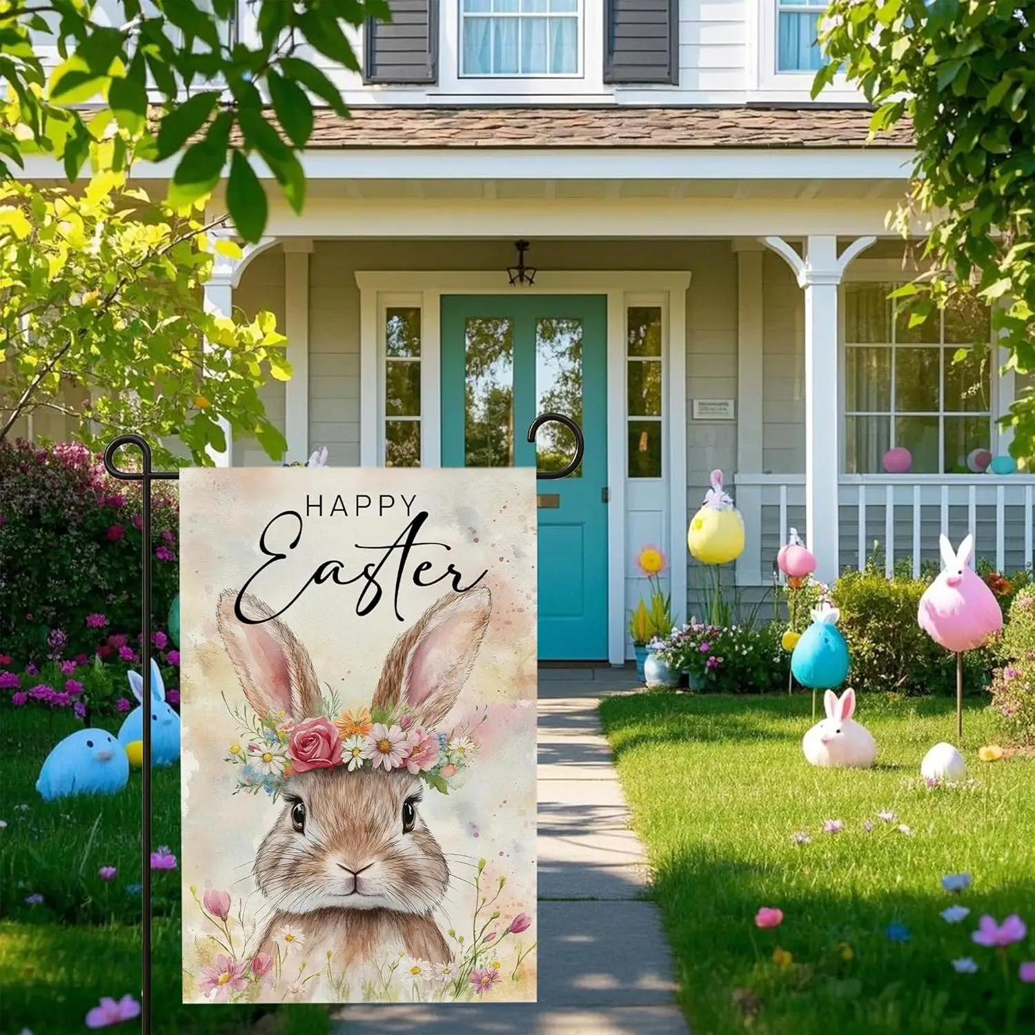 Happy Easter Garden Flag 12x18 Inch Double Sided Outside, Happy Bunny Eggs Yard for Outside Home Decor, Welcome Yard Flag Ba AAS