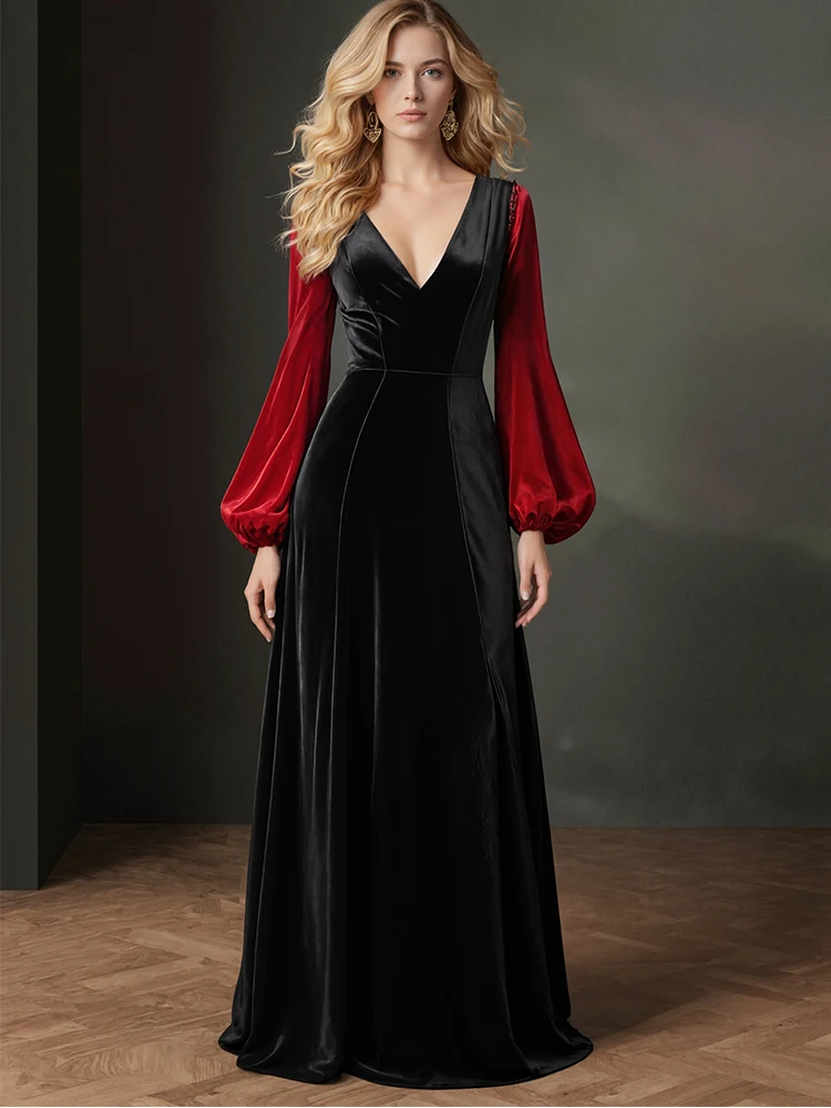 Samt Elegante frauen Lange Kleid Laterne Hülse Sexy V-ausschnitt Splice Herbst Winter Chic Ethnische Casual Retro Dünne Kleider 2025