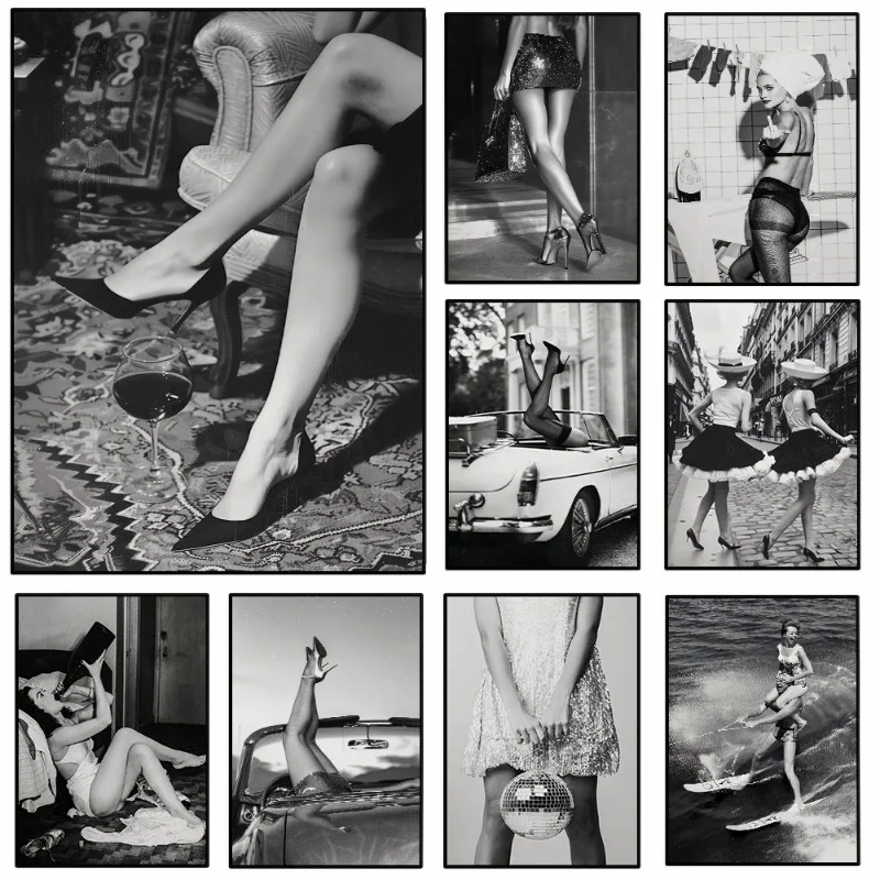 Black and White Fashionable Sexy Woman Poster Vintage Luxury High Heels Wine Canvas Painting Wall Art for Living Room Home De