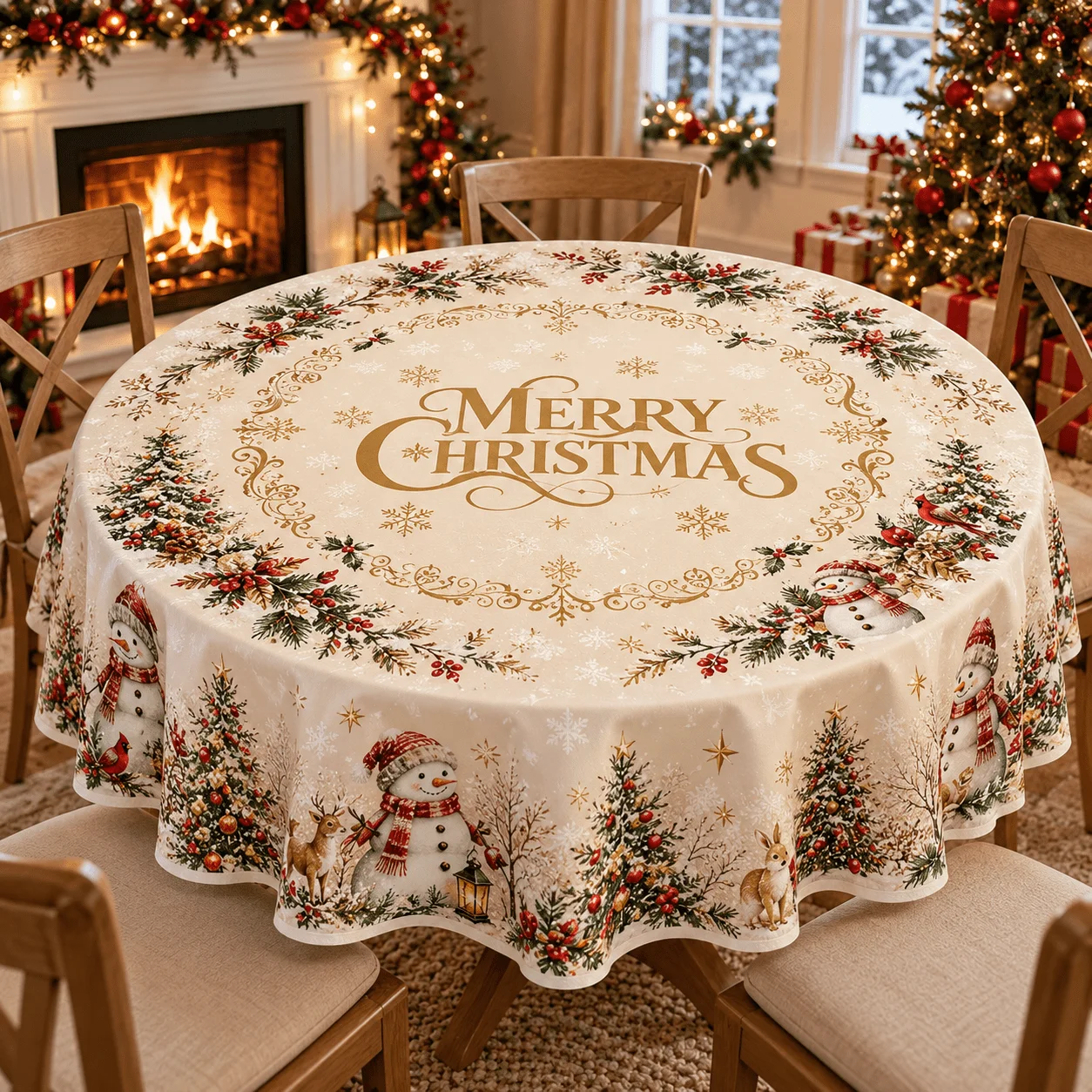 1 round tablecloth, Christmas snowman Christmas tree print tablecloth, cream white champagne gold Merry Christmas letter pattern