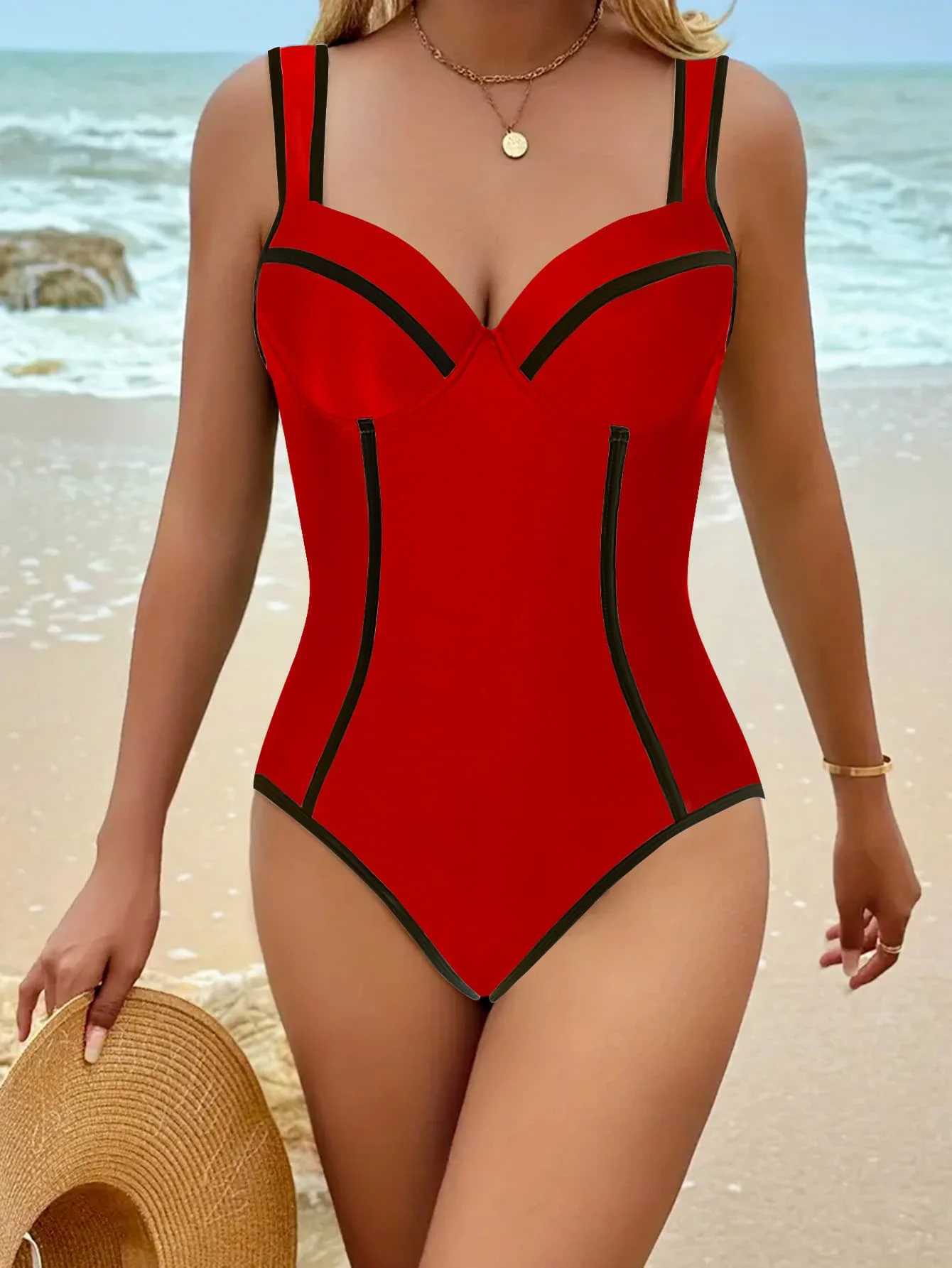 2025 새로운 원피스 하이 웨이스트 여성 수영복 섹시한 솔리드 컬러 블랙 화이트 스플 라이스 수영복 비치 수영복 수영복