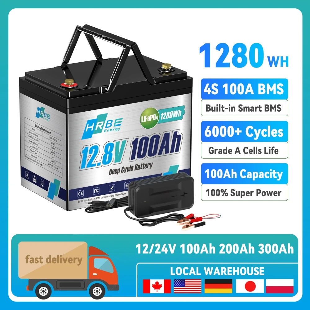 12V 100Ah 1280Wh LiFePO4 Battery 6000+ Cycles With Smart BMS Grade A lithium Pack For Home Energy or RV,Solar,Marine EU Stock