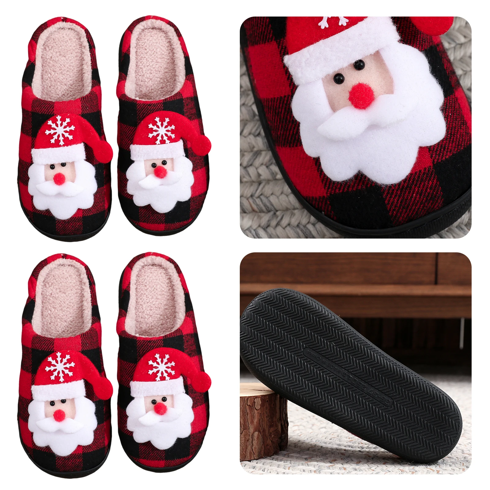 

Christmas Plush Closed Toe Slippers Anti Slip Couple Fuzzy Slippers Santa Claus Cotton Slippers Warm Fluffy Winter Indoor Shoes