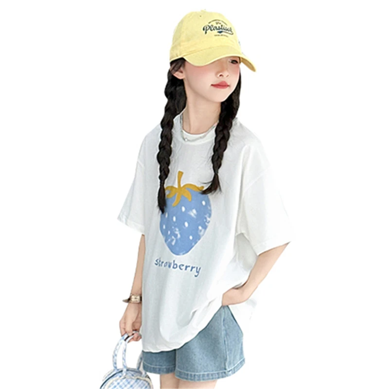 New Summer Kids Girl White Cotton T-shirt with Strawberry Print Tween Child Short Sleeve Casual Tshirt Outfit Tees Age 5-14 Y