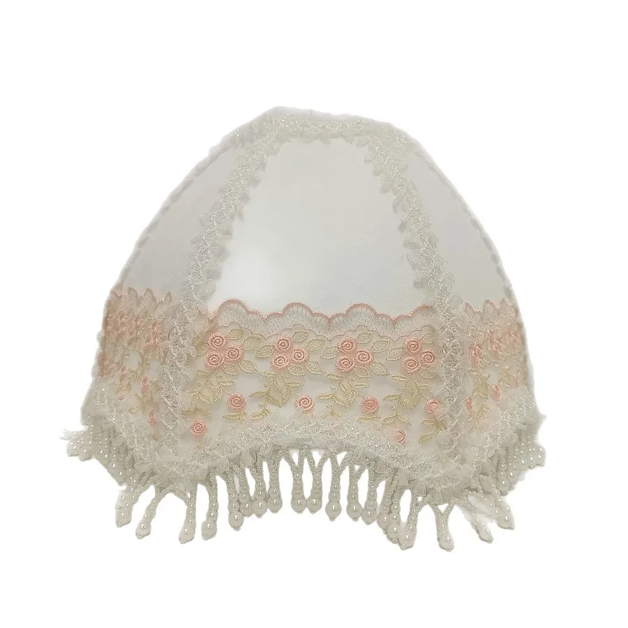Exquisite Rose Embroidery Lampshade with Pearl Tassel E27 Light Socket Table Lamp Universal Accessory