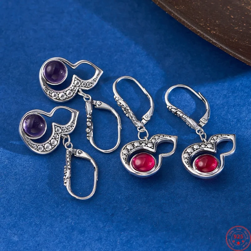 

S925 Sterling Silver Drop Earrings for Women Hollow Gourd Inlaid Amethyst Red Corundum Ear-drop Fashion Jewelry Wholesale