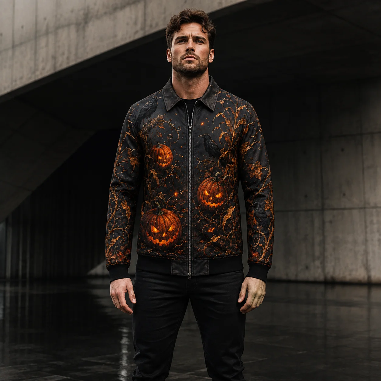 New  Halloween Scarecrow Print Jacket Pumpkin Raven Horror Graphic Jackets Gothic Coat Zip Up Dark Streetwear Halloween Costume