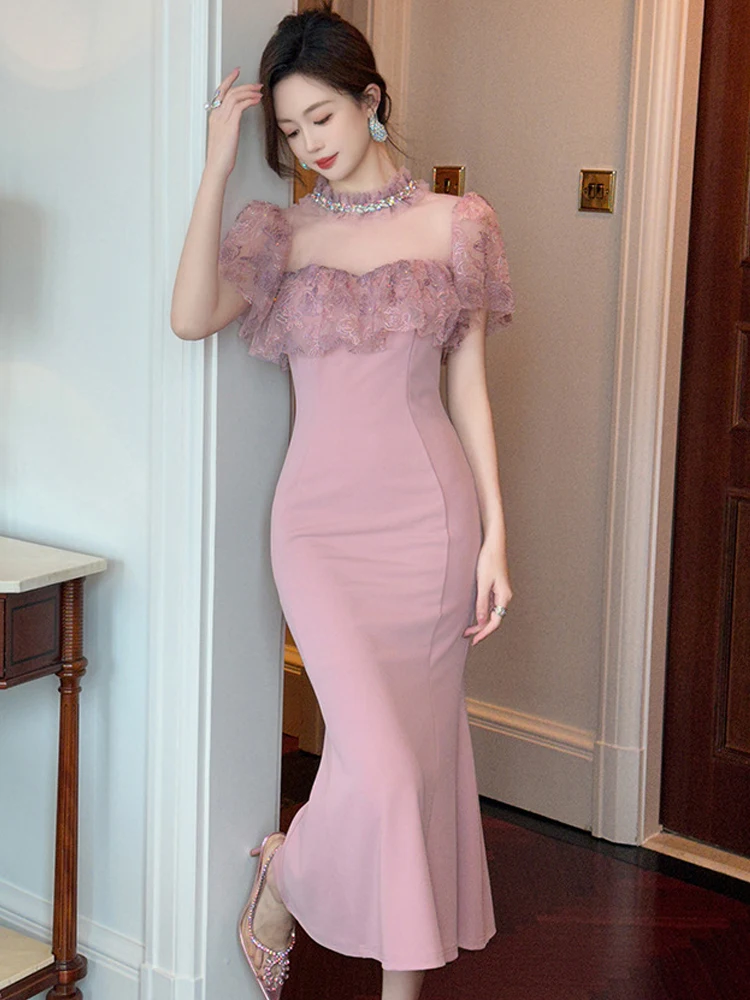 Feminino elegante socialite vestido de noite mulher sexy diamante renda pura malha babados fishtail robe feminino festa banquete vestidos