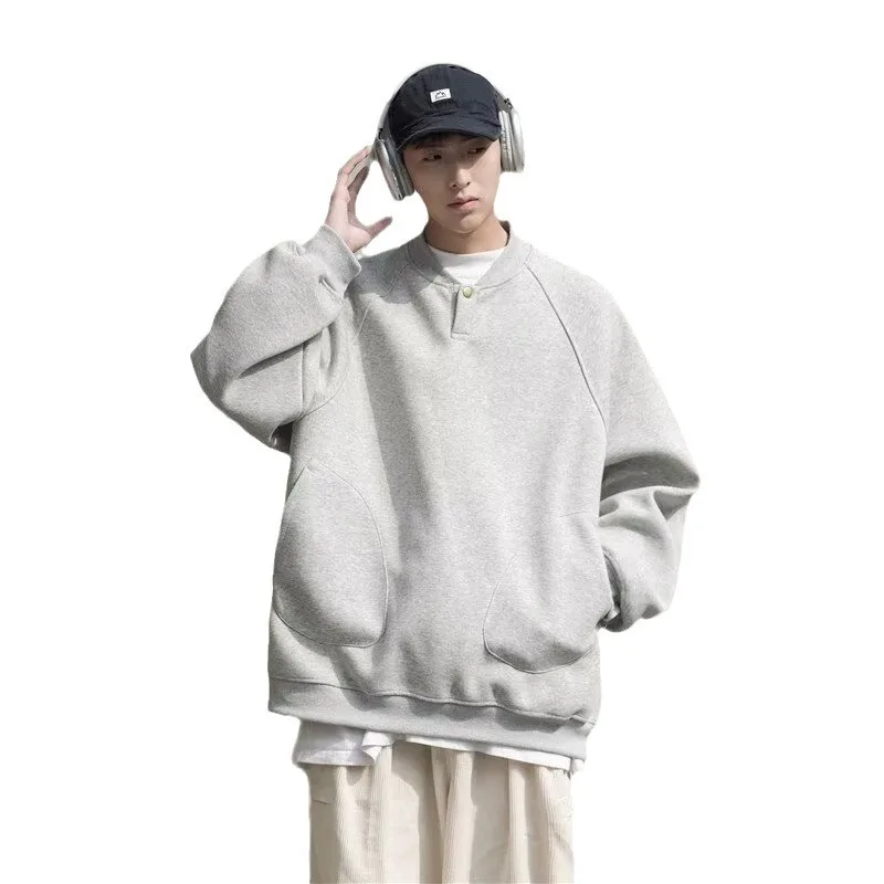 2025 Autumn New Men's Solid Round Neck Long Sleeve Hoodie Sweatshirt Korean Fashion Oversized Loose Pullover Tops Streetwear Men