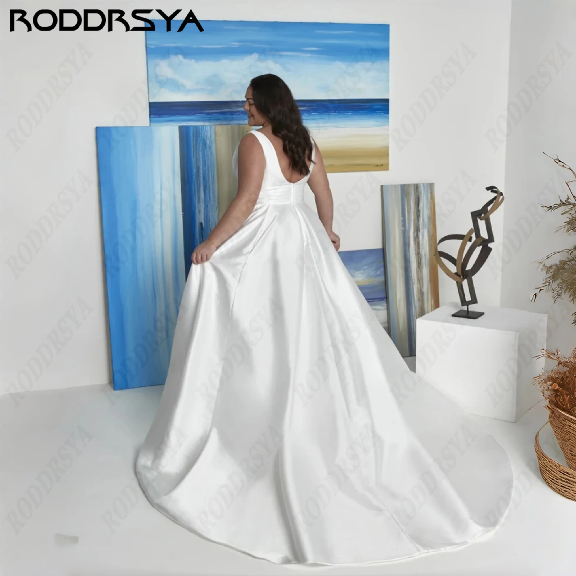 RODDRSYA Plus Size Satin Wedding Dress Deep V Neck Sleeveless A Line Bridal Gown with Pockets Back Zipper Bride Dress Customized