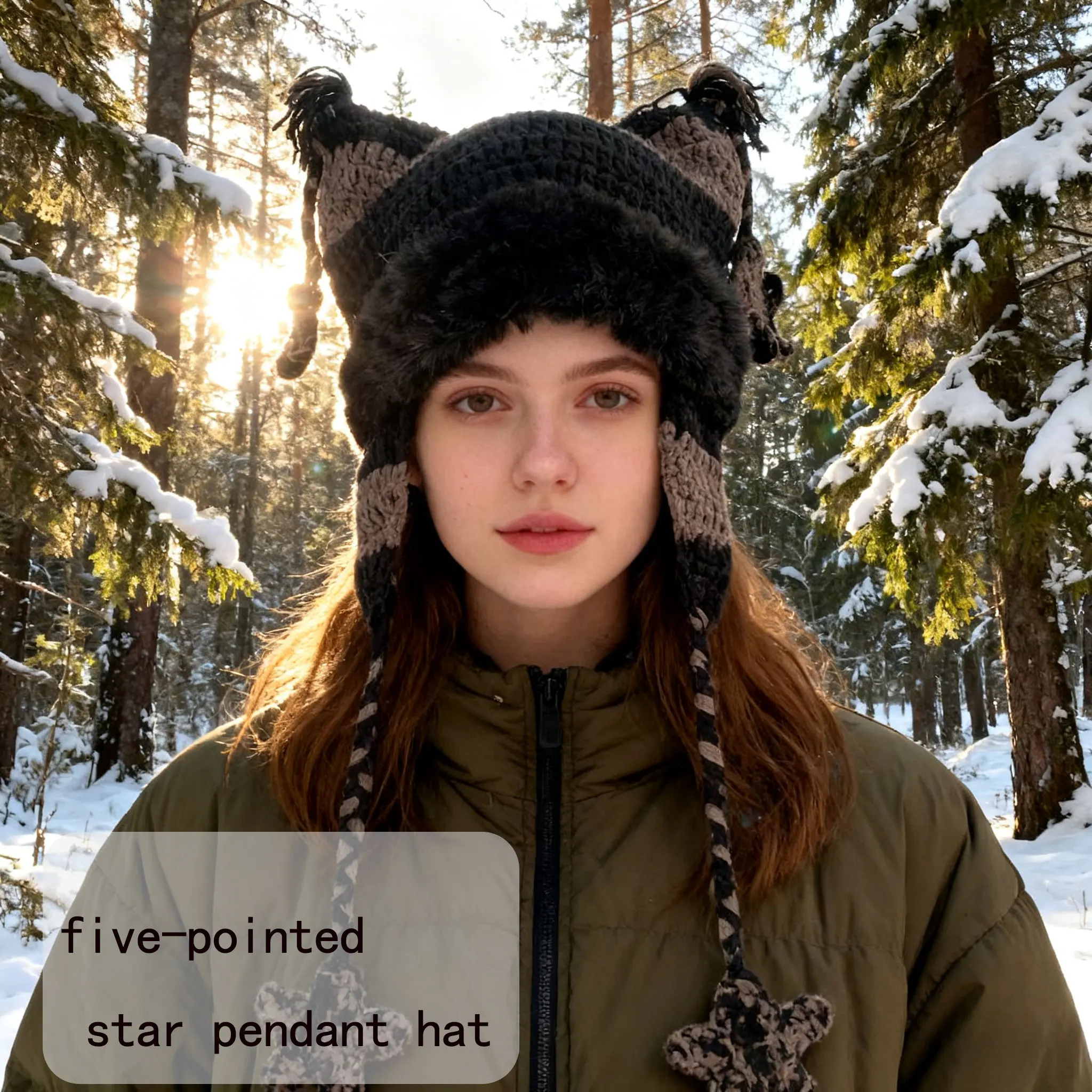 

**Симпатичная вязаная шапка-траппер с кошачьими ушками и подвеской в виде пятиконечной звезды — теплая и стильная зимняя необходима для женщин**