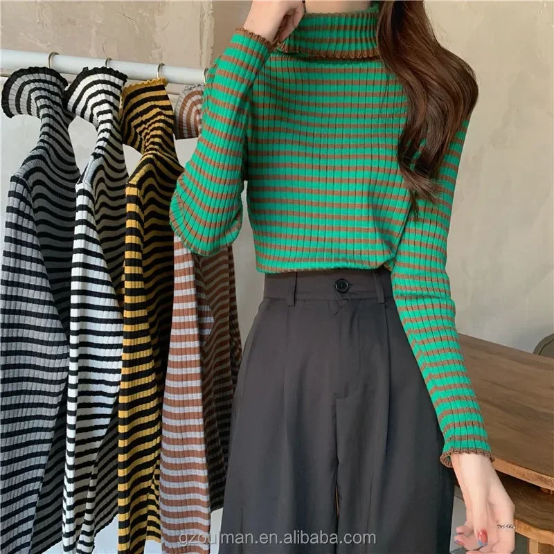 Knitted Bottoming Shirt Women\'s Striped Bottom Shirt Autumn and Winter Thickened Cotton Warm Knit Shirt High Neck Slim