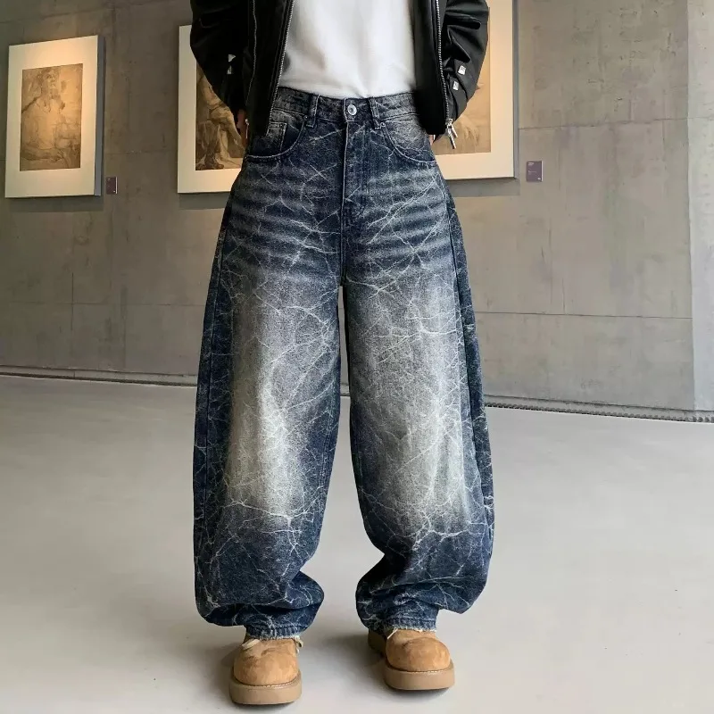 Unisex Vintage Crack Lightning Print Baggy Jeans High Waist Curved Banana Wide Leg Loose Oversized Streetwear Denim Trousers