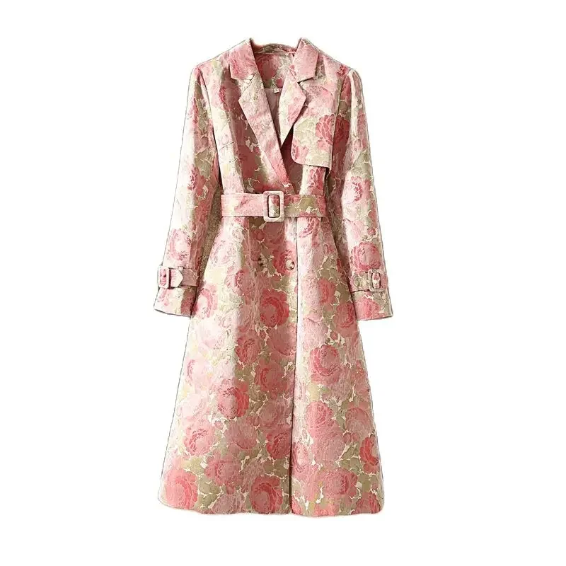 

2025 Streetwear Jacquard Windbreaker Women Elegant Trench Coat Spring Autumn Turndown Collar Long Outerwear Ladies Belt Overcoat