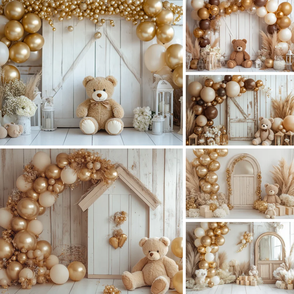 

Kids 1st Birthday Party Photography Background Little Bear Doll Wooden Wall Brown Balloon Baby Shower Cake Table Decor Backdrop
