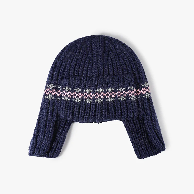 Japanische gestreifte Strickmütze mit Kontrastfarben zum Schutz der Ohren für Herren und Damen, warme Outdoor-Bombermütze für Herbst und Winter – Detail 2