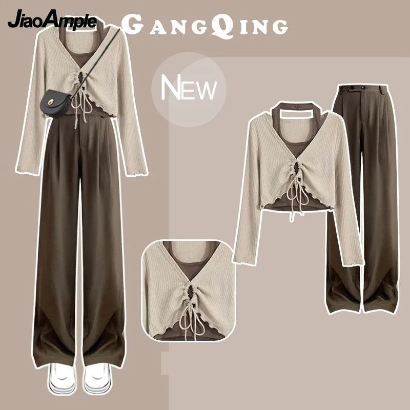 Women's Tracksuit 2024 Spring New in Matching Sets Korean Vintage Suspender Blouse Top+Casual Pants Two-piece Female Pants Suit