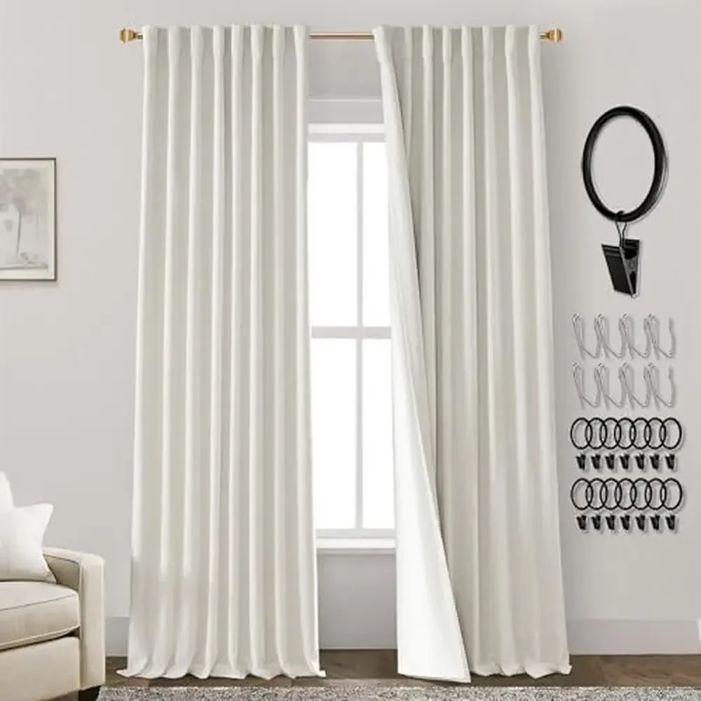 108 Inch Blackout Linen Curtain with Pinch Pleats Extra Wide 70 Inch Clip Rings & Hooks Built-in Modern Look 100% Blackout Faux