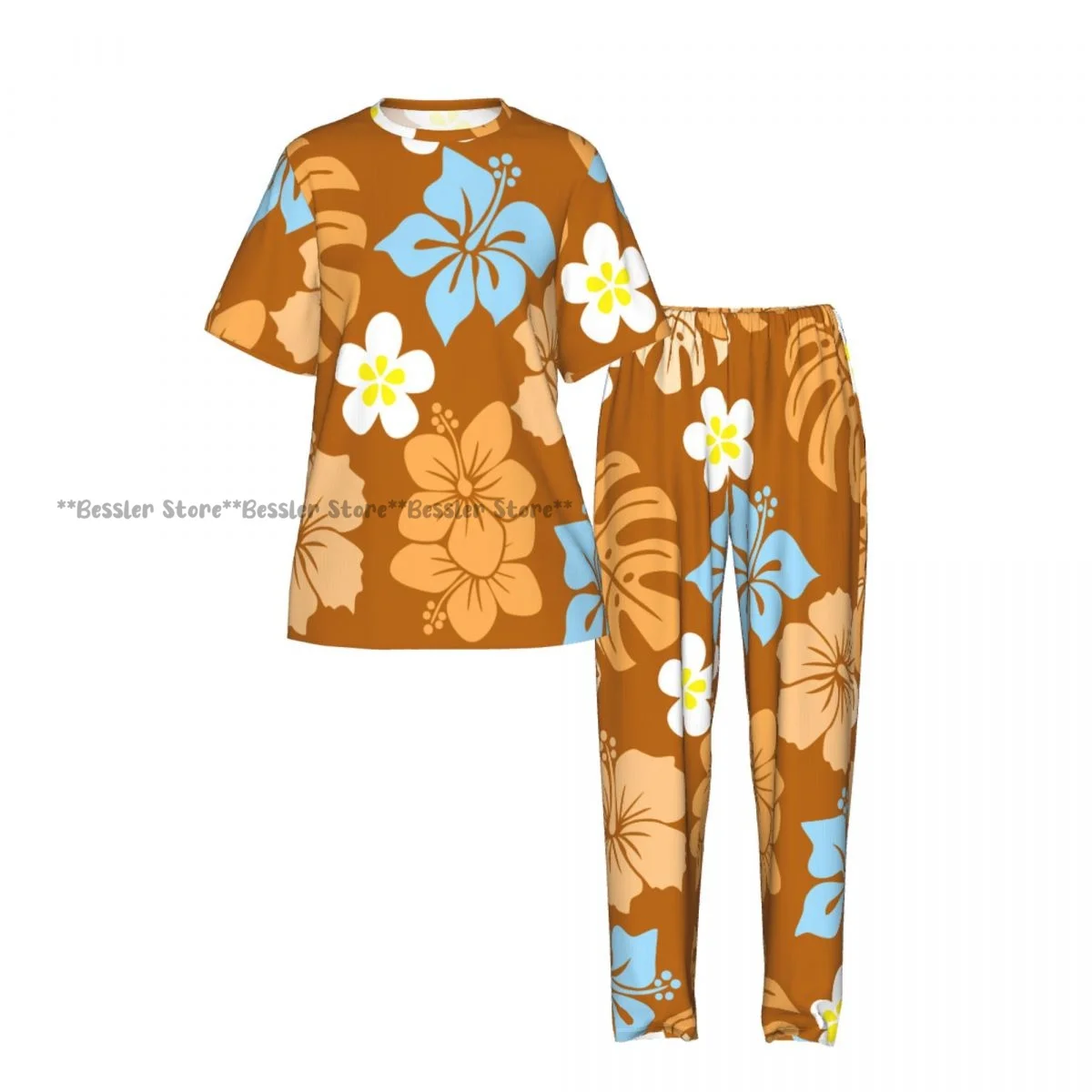Women's Comfort Pajamas Women's Orange Tropical Pattern Short Sleeve Set Sleepwear