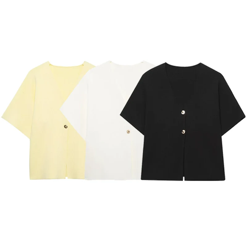 HXAO Strickjacke für Damen, Sommer 2022, Damenpullover, Weiß, Gelb, Schwarz, Strickjacke, schicker Knopf, kurze Ärmel, Strickwaren, Oberbekleidung