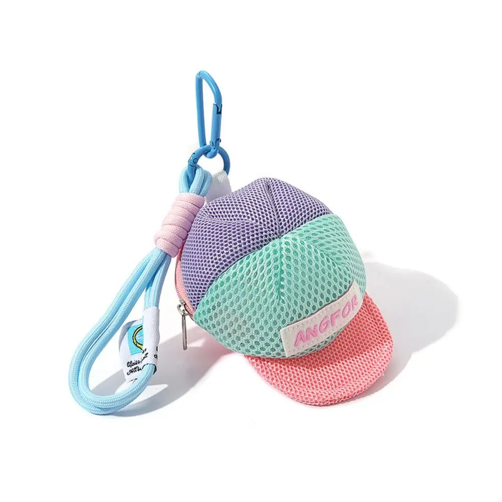 Keychain Hat Shape Coin Purse Decorative Anti Loss Creative Hat Mesh Pouch Zipper Closure with Handle Rope Headphones Organizer