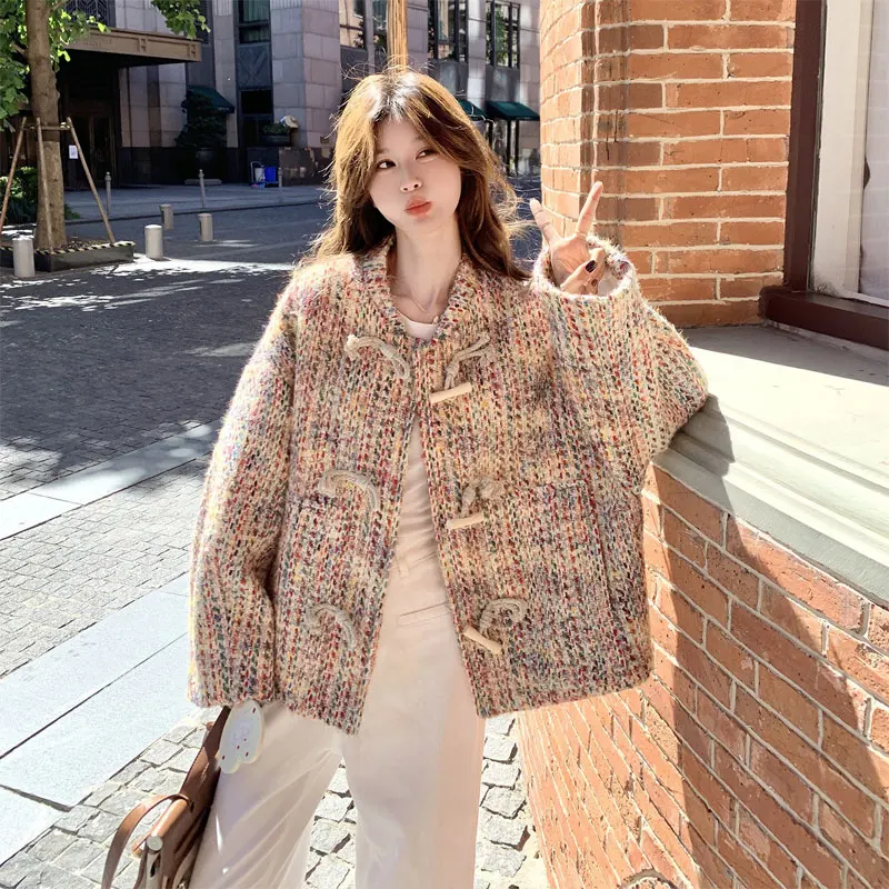 Women's colorful coarse woolen coat 2026 autumn and winter new style small fragrant horn button top